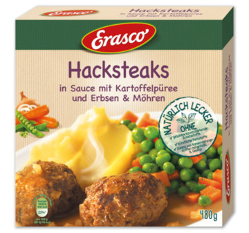 Erasco Hacksteaks in Sauce mit Kartoffelpüree, Erbsen & Möhren 48