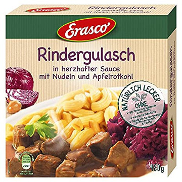 Erasco Rindergulasch in herzhafter Sauce, Nudeln & Apfelrotkohl